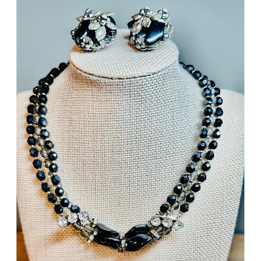 VTG Robert Black Bead Rhinestone Multi-strand Necklace Clip Earring set 1950s